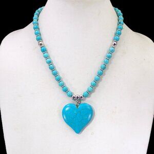 Large turquoise heart stone pendant necklace with silver beads